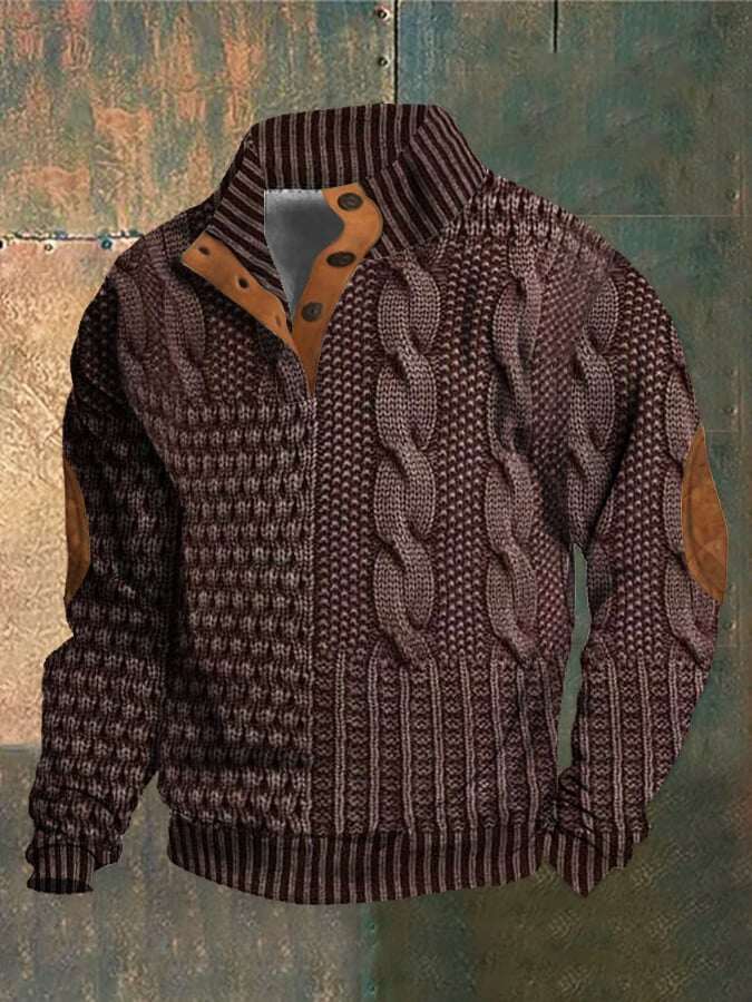 Moletom casual masculino com estampa retrô e botão de gola alta