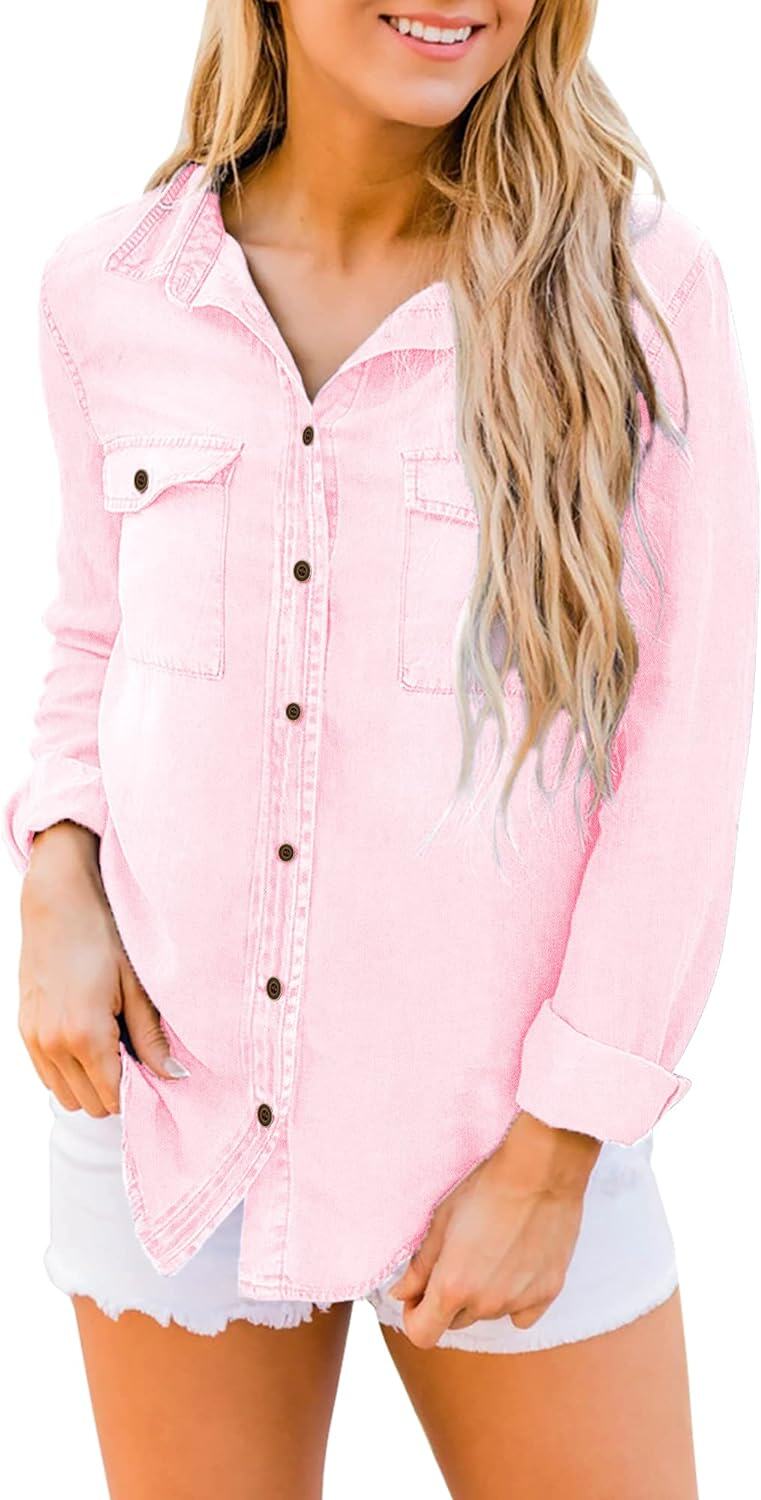 luvamia farmer ing Női Chambray Jean Western Shirts Hosszú ujjú gombos felsők