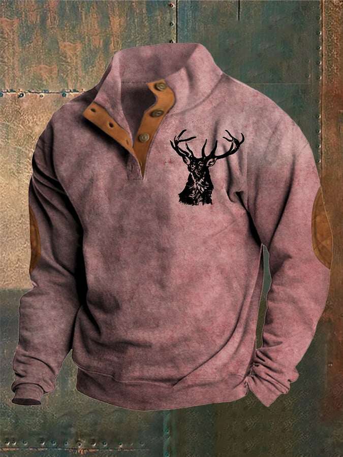 Moletom masculino estilo ocidental com gola alta e botão