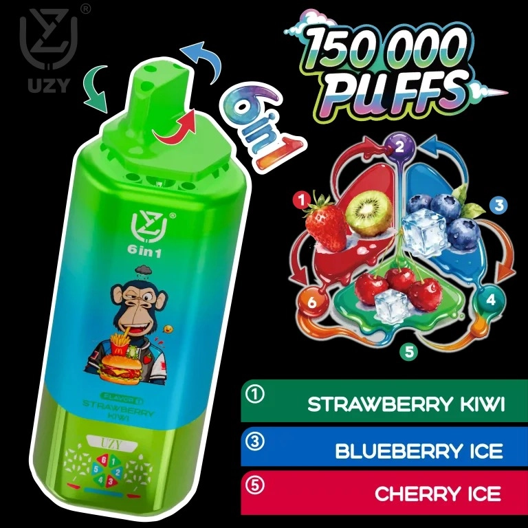 UZY 6-in-1 150,000 Puffs Disposable Vape – Quad Mesh Coil, Smart Screen, Crystal Design, Wholesale & Bulk Buy