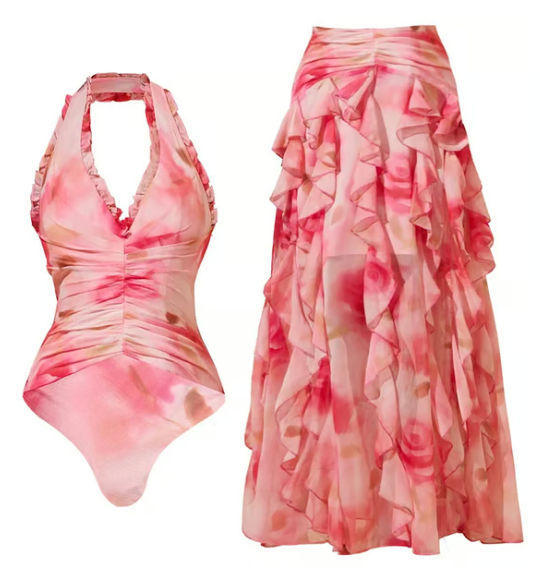 Pink Flower-dyed Halter Neck One Piece and Skirt Swimsuit Set