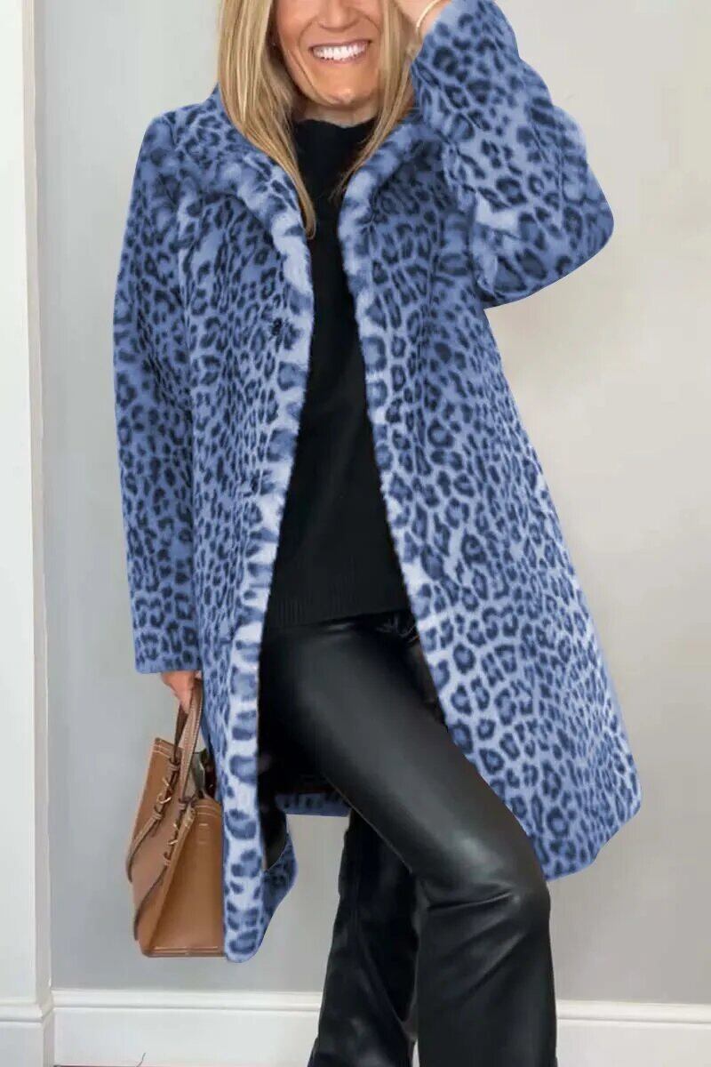 Casaco de inverno feminino elegante com lapela de leopardo e pele sintética