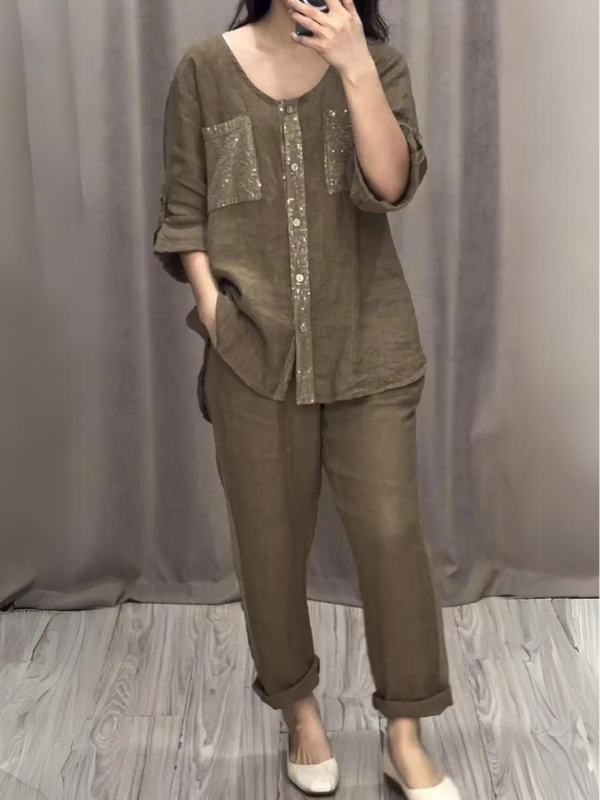 Vestido de duas peças com gola redonda em algodão e linho com lantejoulas
