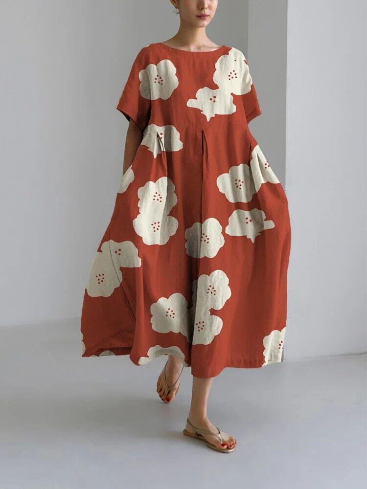 Vestido feminino de manga curta feito à mão em algodão e linho