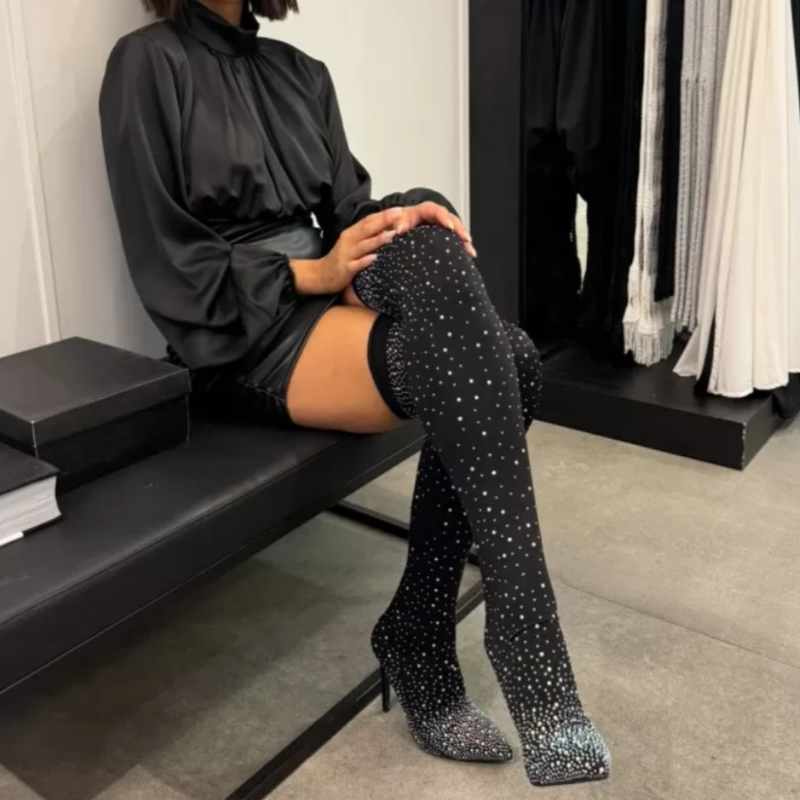 【✨Novos produtos 2025】👢Botas femininas com strass brilhantes sobre o joelho