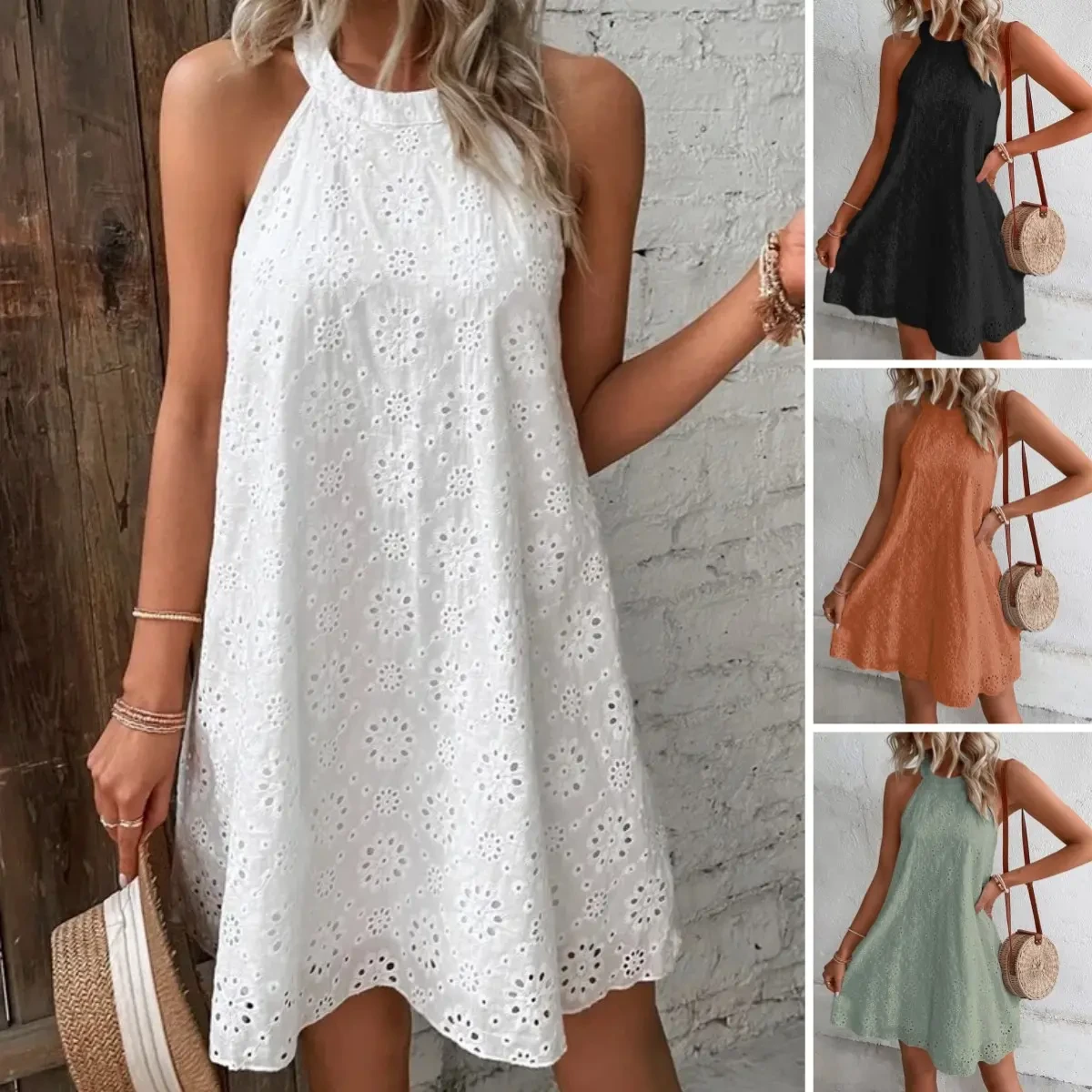 【S-3XL】Novo vestido feminino de renda cor sólida sem mangas com botões