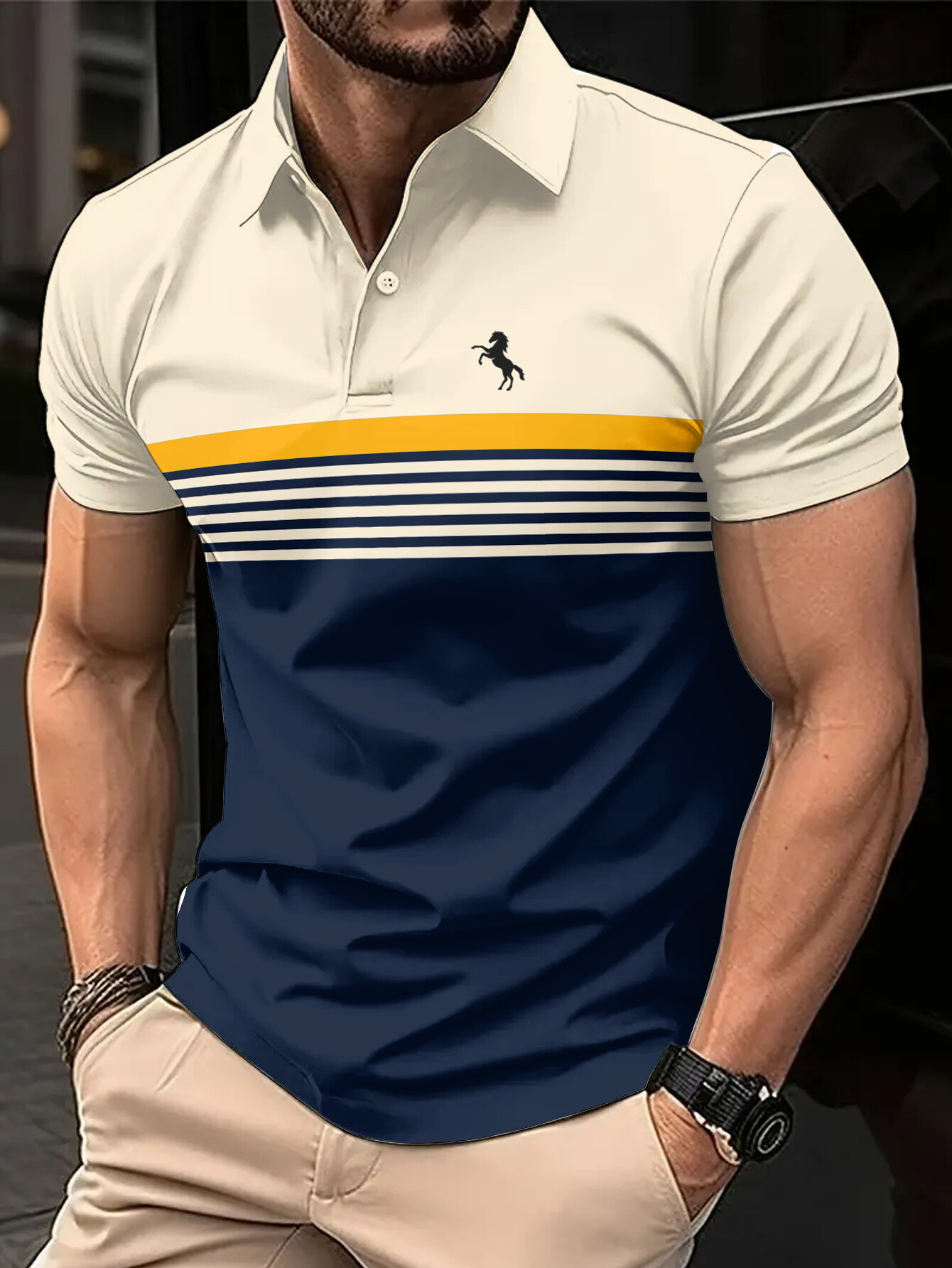 Pack de 2 camisas polo casuais de manga curta para homem, estampa de cavalo 3D, riscas coloridas, estilo desportivo, tecido de poliéster leve, camisa polo de golfe com botões