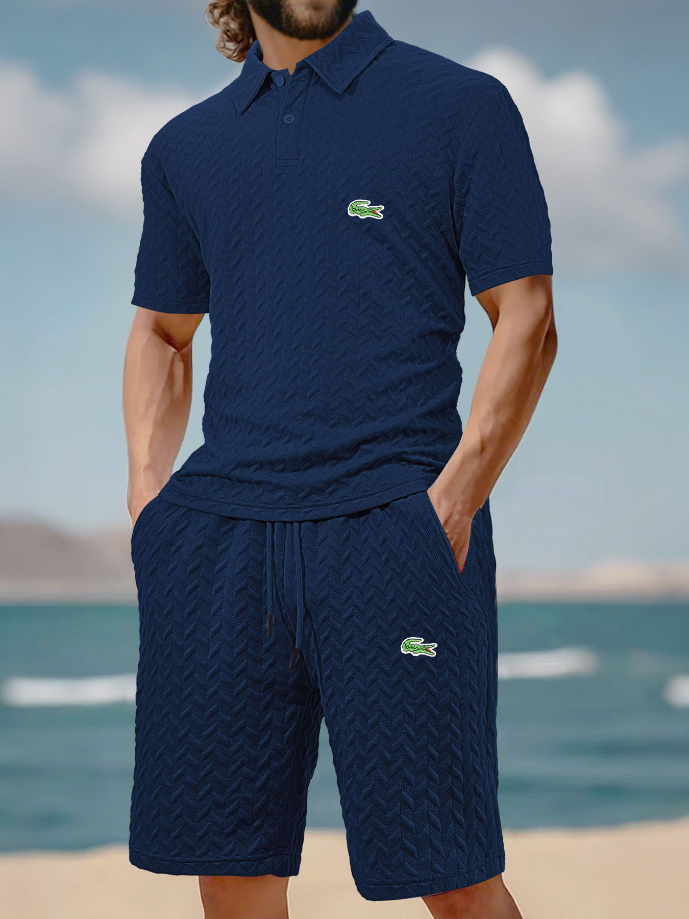 Lacoste Męski Premium Casual Business Sport Krótkie spodenki z krótkim rękawem Polo Garnitur