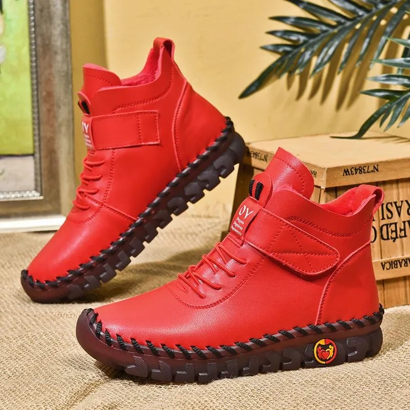 Sapatos femininos, sapatos de veludo quente de algodão de cano alto, sapatos de mãe de inverno costurados à mão, solas macias e solas planas