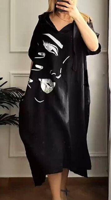 Vestido feminino urbano casual solto com capuz e transferência de calor