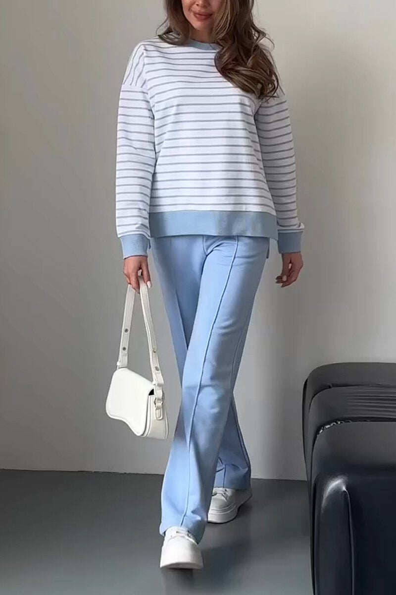 Terno feminino casual listrado com gola redonda e duas peças