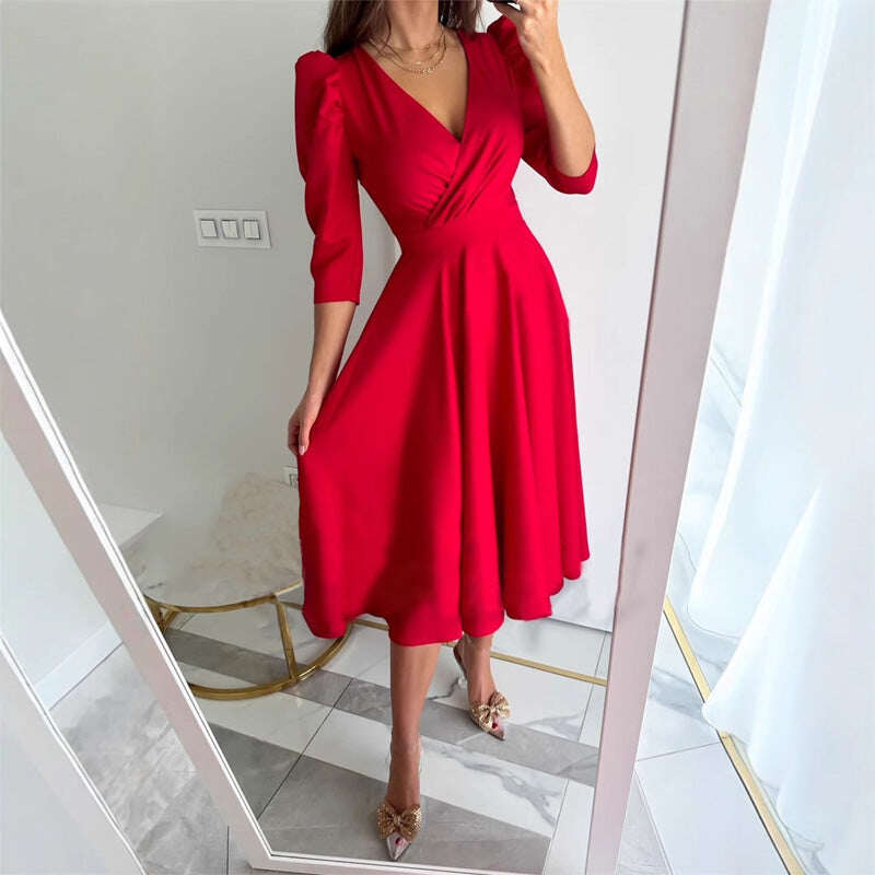 🌸Ocasiões especiais de primavera💐 Vestido midi plissado com decote em V feminino, cintura fina