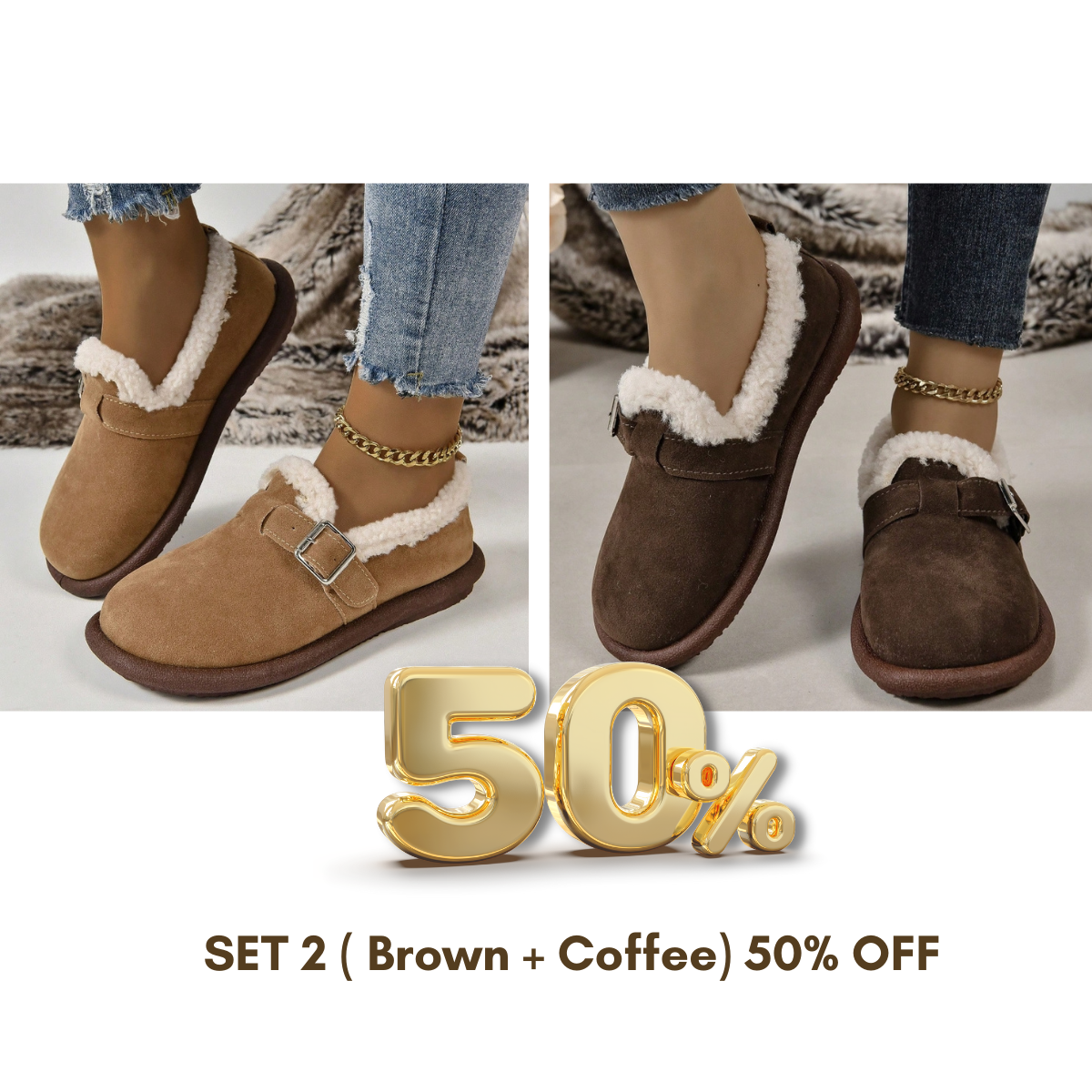 🔥ÚLTIMO DIA COM 50% DE DESCONTO - SAPATILHAS FEMININAS DE PELÚCIA COM BICO REDONDO E SLIP-ON