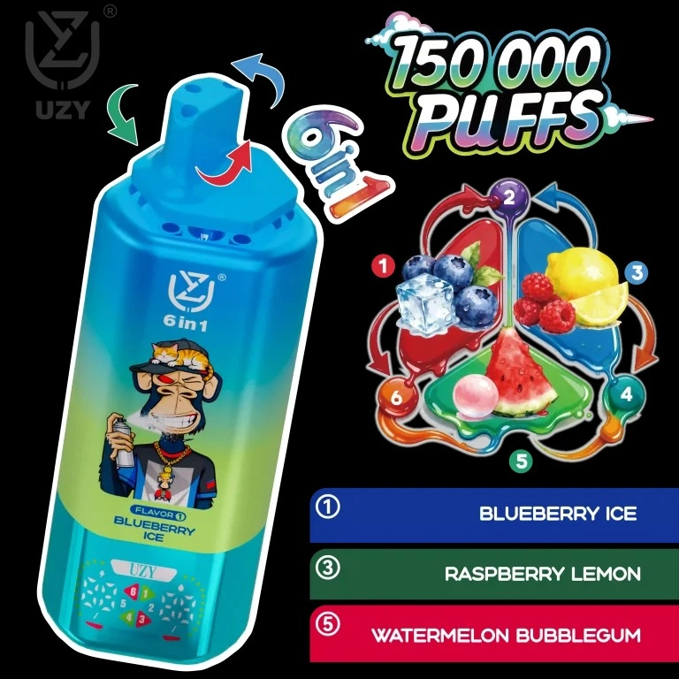 UZY 6-in-1 150,000 Puffs Disposable Vape – Quad Mesh Coil, Smart Screen, Crystal Design, Wholesale & Bulk Buy