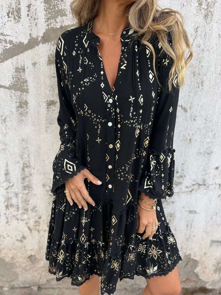 Venda imperdível 🔥 Vestido confortável com estampa elástica e decote em V