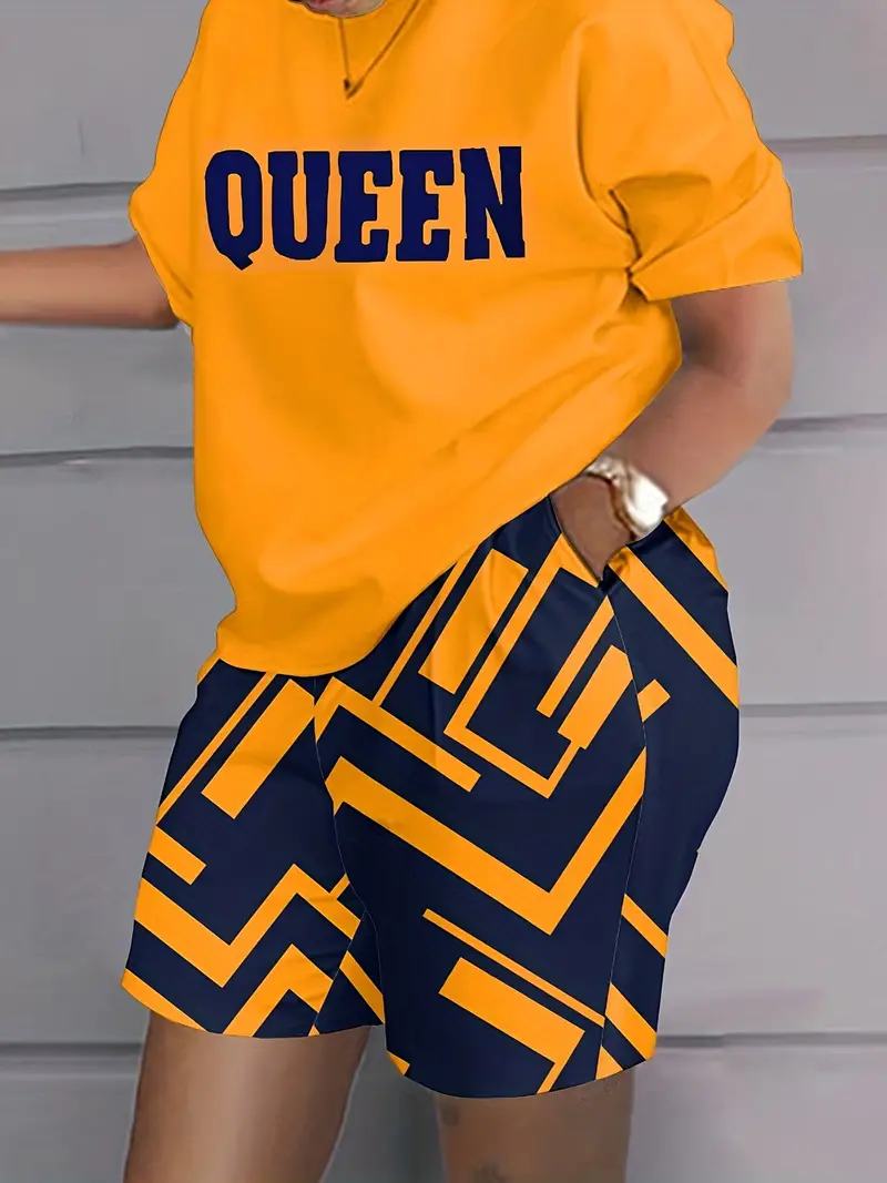 Conjunto casual de duas peças com estampa de letras laranja, gola redonda, manga curta