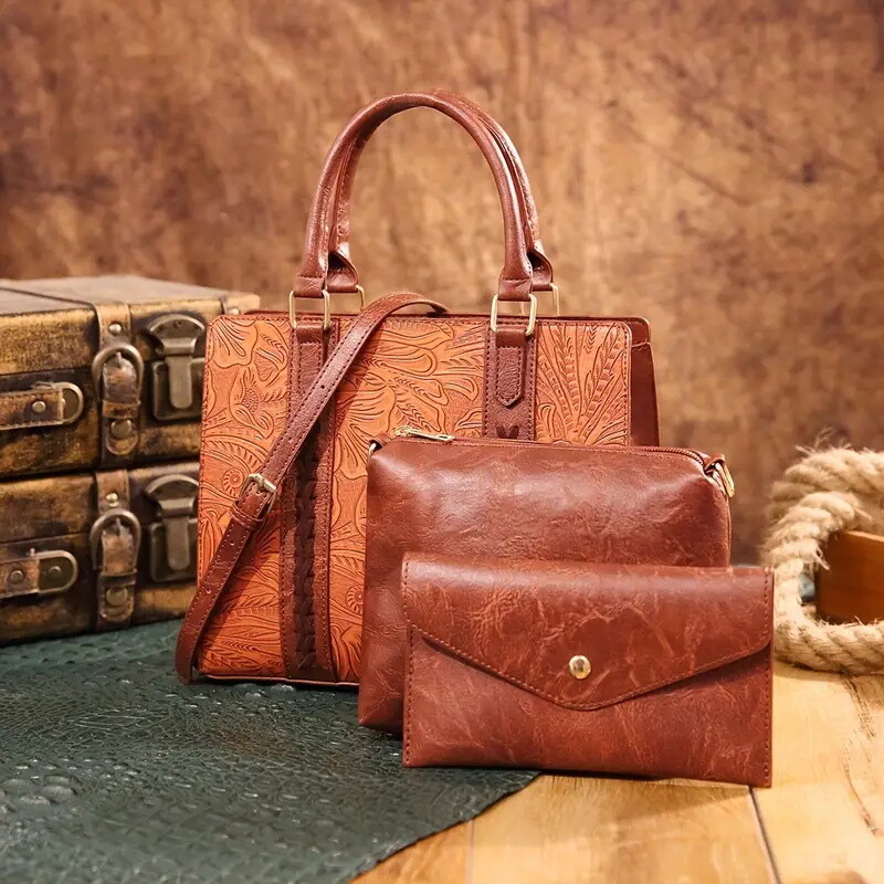 Vintage Floral Carved Tote Bag Set, 3-Piece  Leather Handbag