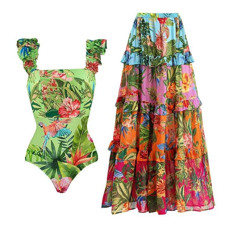 2025 New One-piece style with flutter sleeves and prints Swimsuit Set