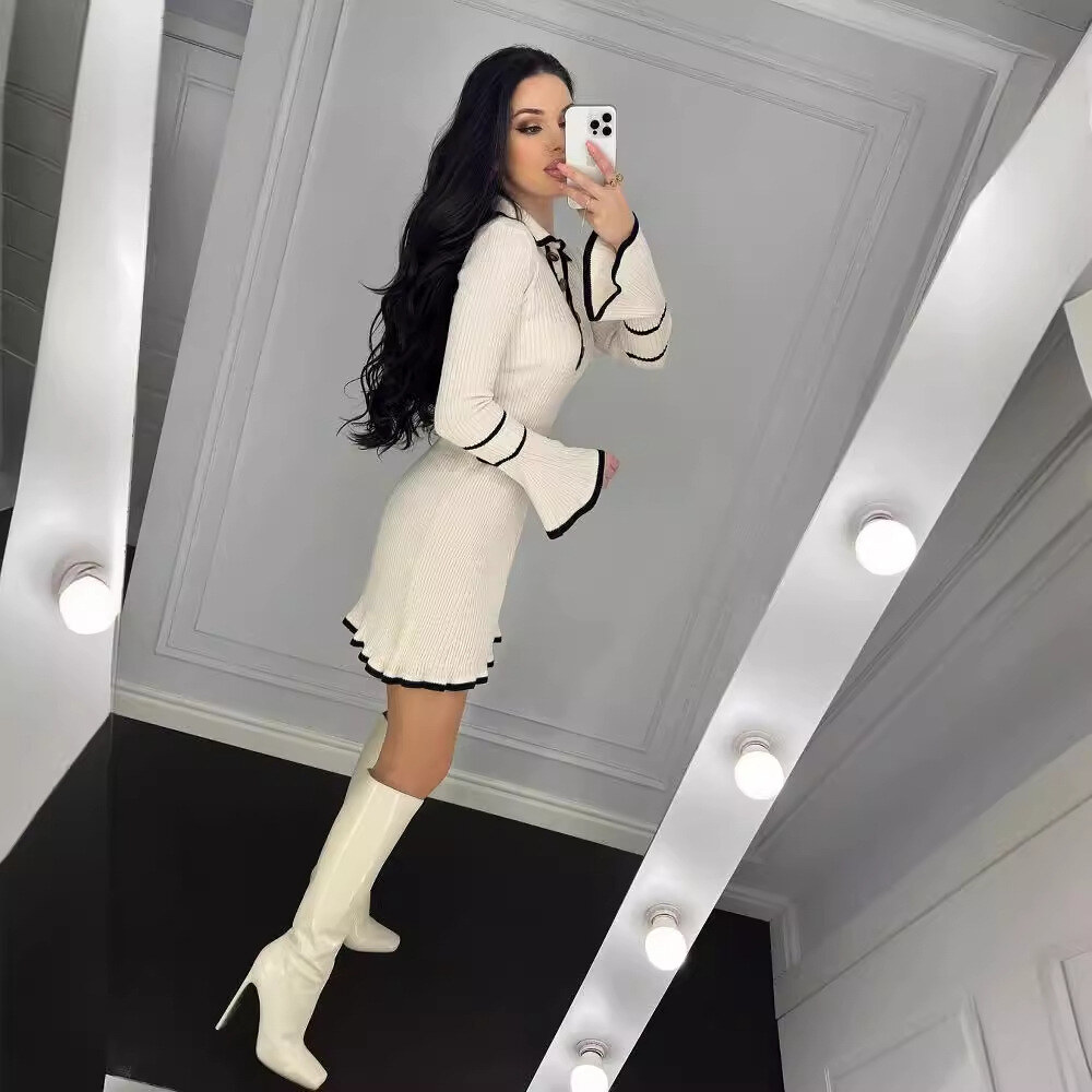 Vestido de manga comprida elegante e cor contrastante com manga sino pequeno estilo perfumado e saia curta para mulheres