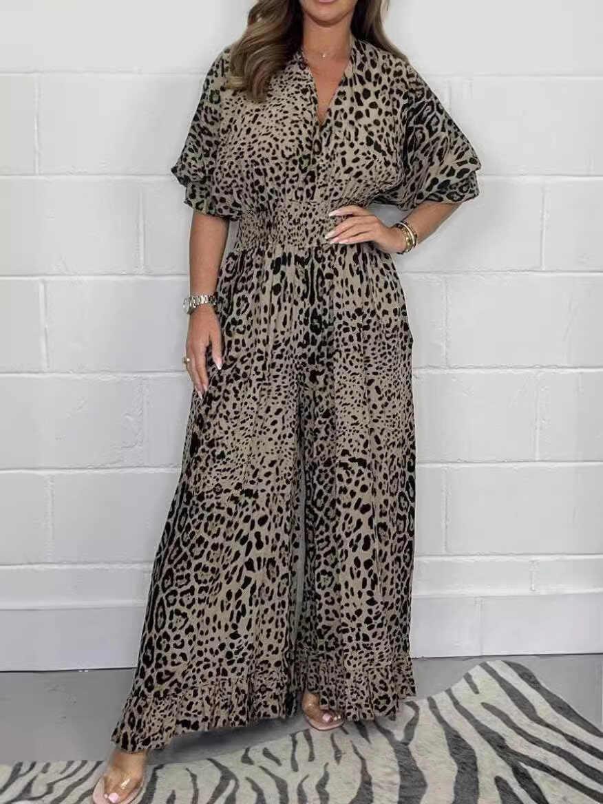 2024 Nova moda macacão casual de pernas largas com estampado leopardo