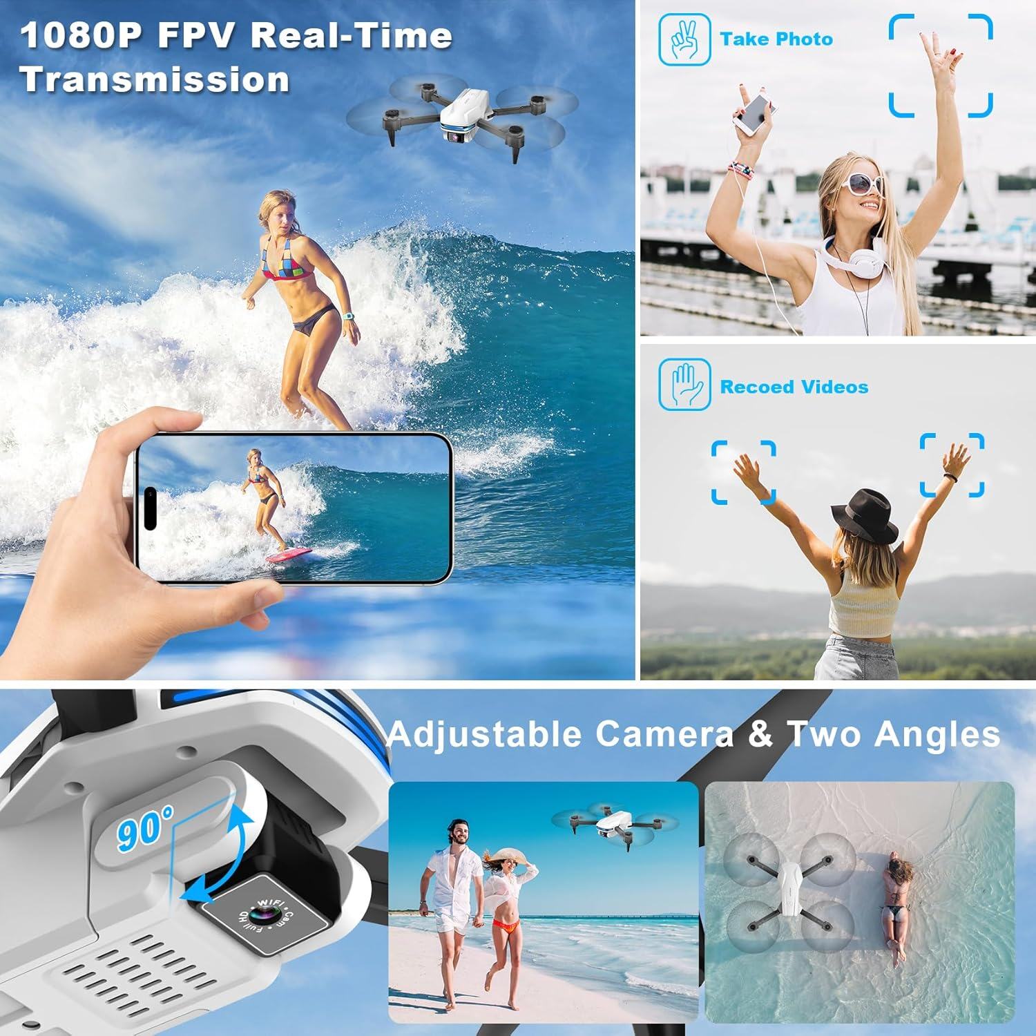Drone com câmera 1080P HD FPV Drone dobrável para iniciantes e crianças, Quadcopter com controle de gestos de voz com estojo de transporte, decolagem/pouso com uma tecla, posicionamento de fluxo óptico, giro de 360°, voo de ponto de passagem