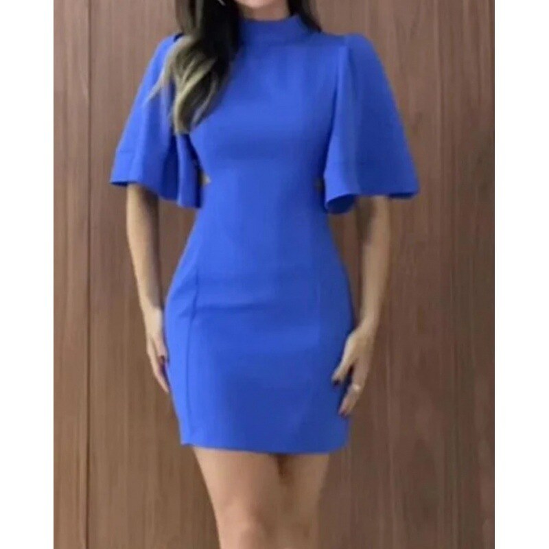 Venda quente cor sólida em torno do pescoço mangas sino elegante sem costas com tiras magro hip-abraçando vestido