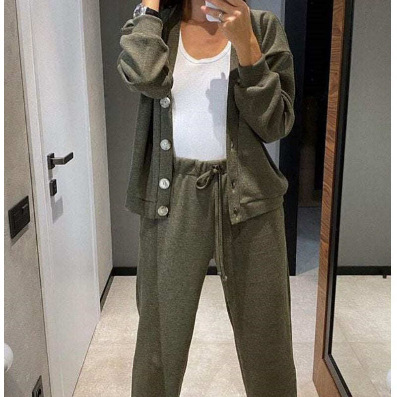 Conjunto feminino de duas peças de jaqueta e calça de malha com botões