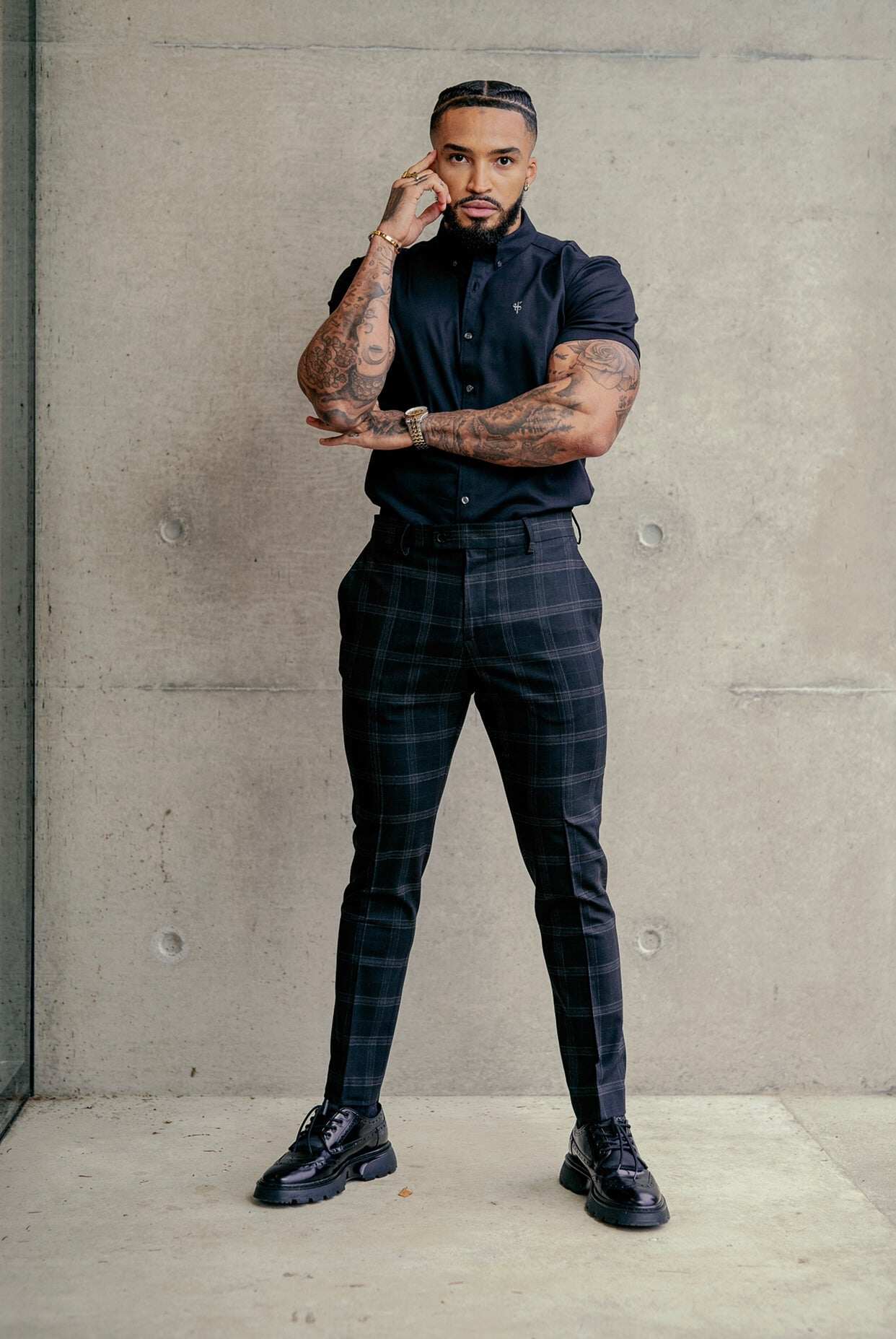 Father Sons Slim Formal Large Charcoal Check Stretch Trousers - FST007