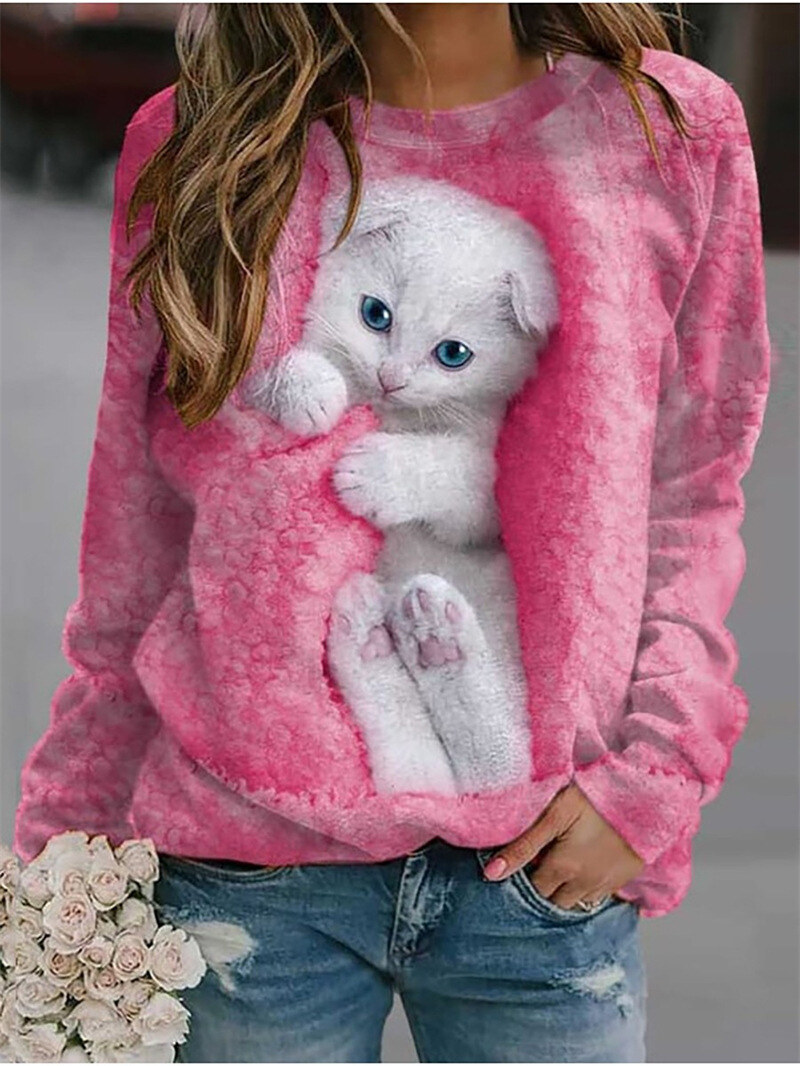 Moletom elegante de manga comprida com estampa de gato