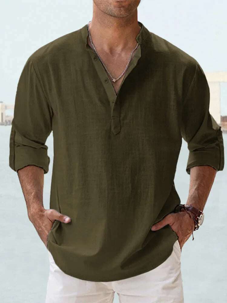 😎CAMISA DE LINHO DE ALGODÃO DE MANGA COMPRIDA MASCULINA ☁️