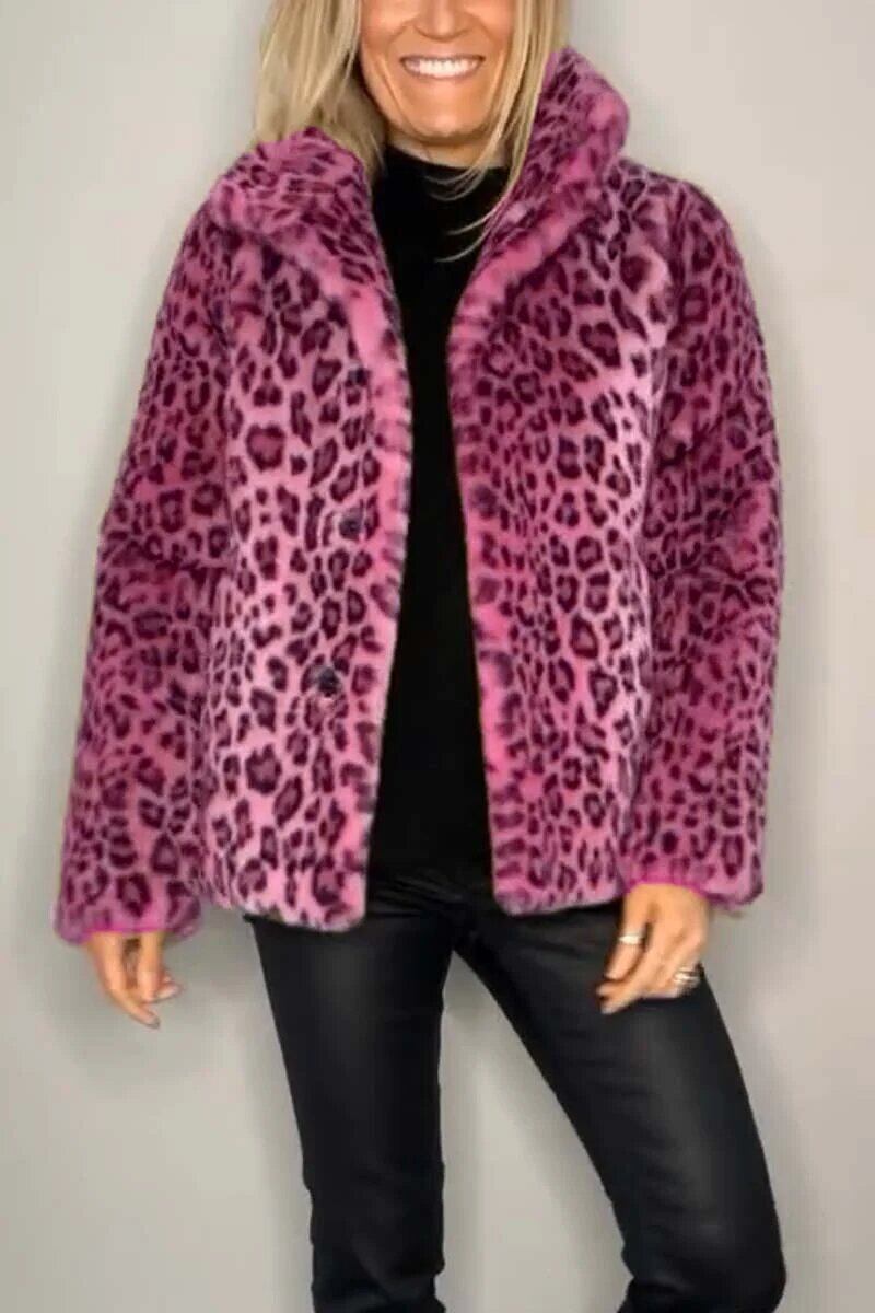 Casaco de inverno feminino elegante com lapela de leopardo e pele sintética
