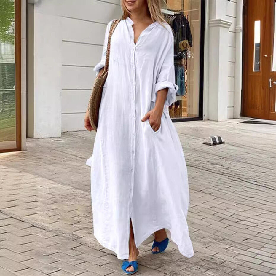 Vestido Casual Camisa Gola com Bolso Saia Longa Plus Size Vestido Casual de Linho de Algodão