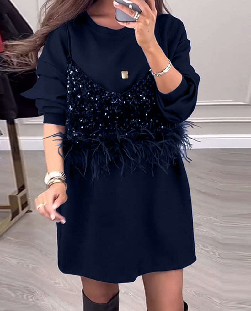 Vestido elegante em patchwork com decote redondo 2024