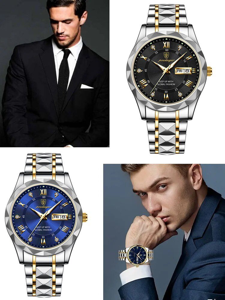 Швейцарски мъжки часовник със стоманена гривна и двойна дата