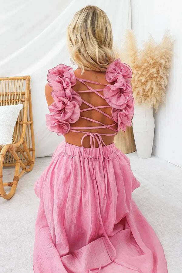 Vestido sexy sem costas em algodão e linho com alças ajustáveis