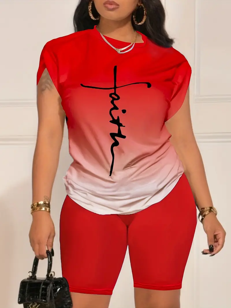 Conjunto casual de duas peças com estampa de letras laranja, gola redonda, manga curta