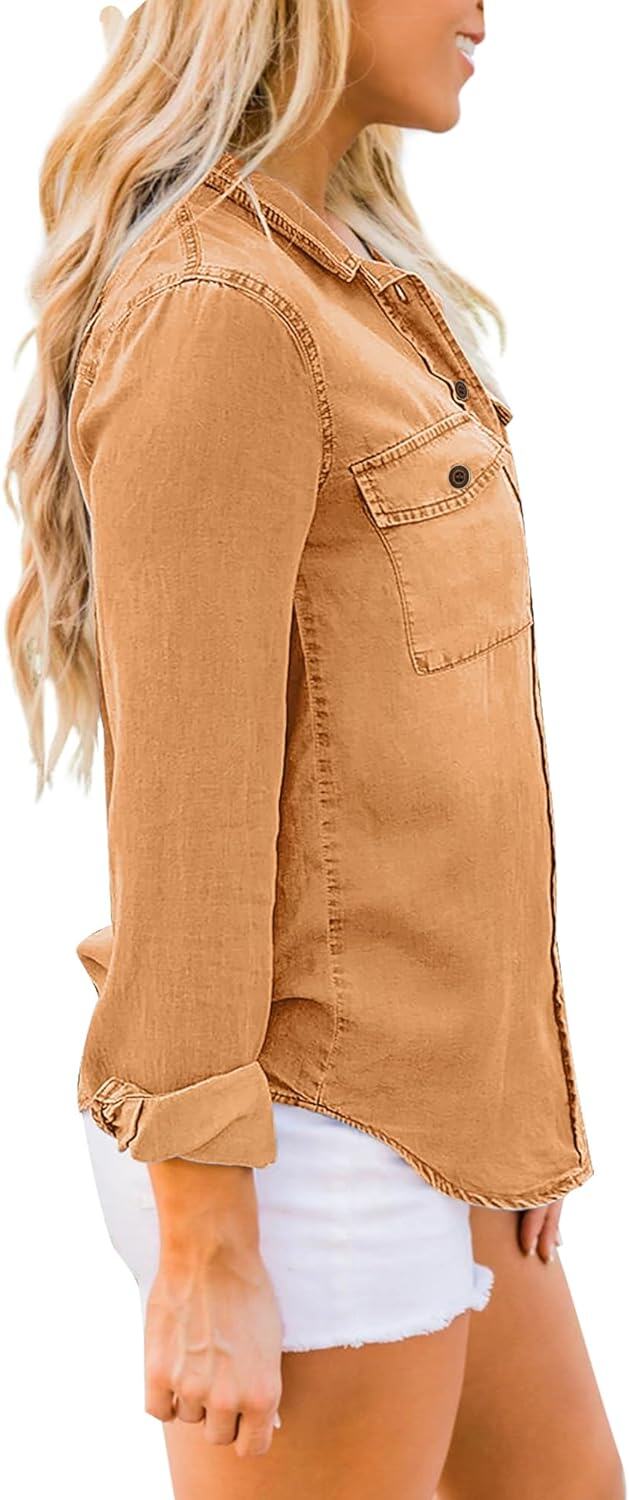 luvamia farmer ing Női Chambray Jean Western Shirts Hosszú ujjú gombos felsők