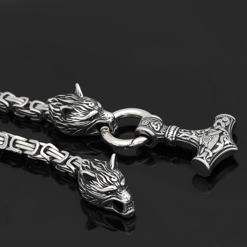 NordyckoTM |. Colar de cabeça de lobo estilo viking nórdico com martelo