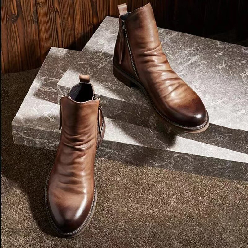 Novo Botas de couro com fecho de correr para homem | Oferta de metade do preço!🔥