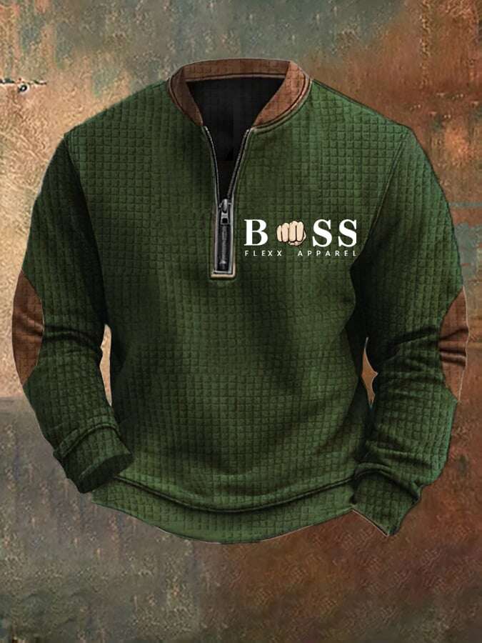 Sweatshirt retro para homem com design de letras estampado com gola com fecho e jacquard quadrado