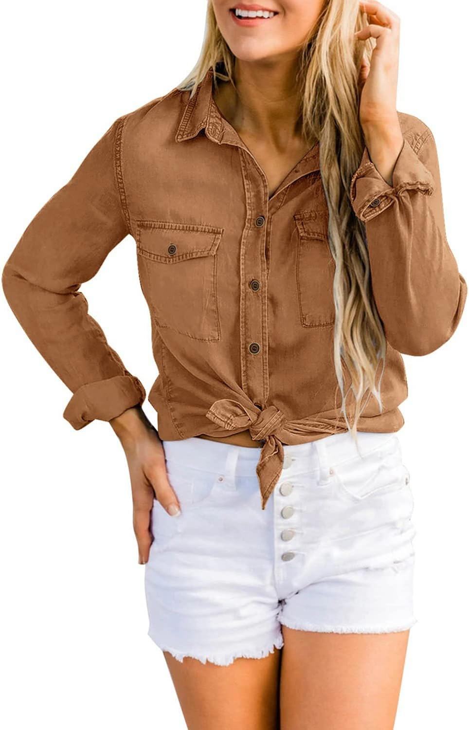 luvamia farmer ing Női Chambray Jean Western Shirts Hosszú ujjú gombos felsők