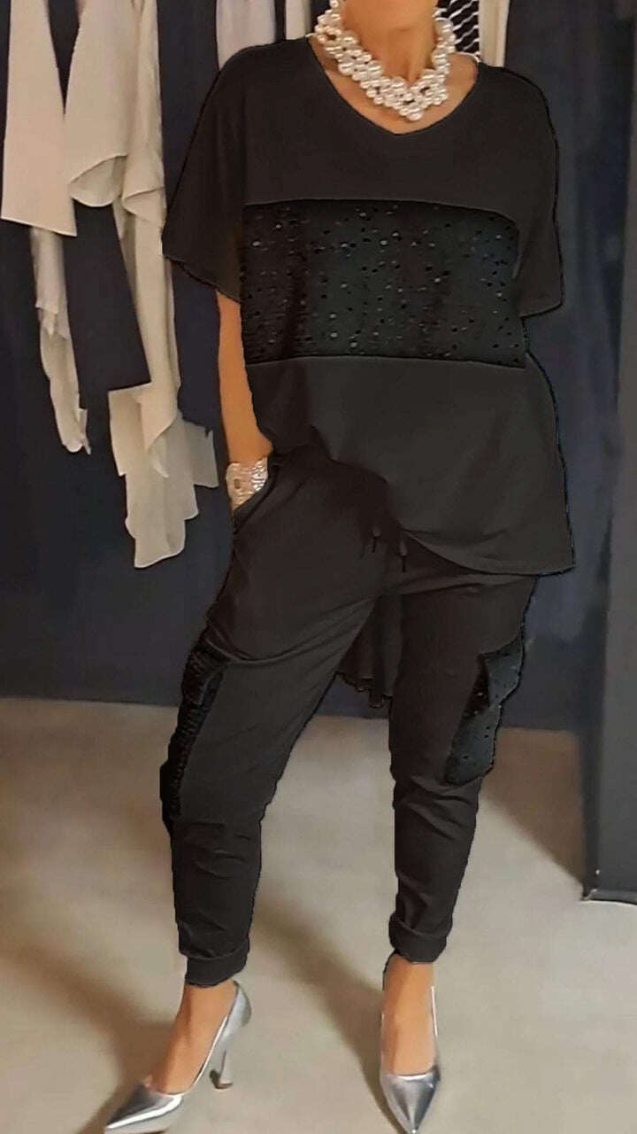 Vestido de duas peças com gola redonda e lantejoulas para lazer