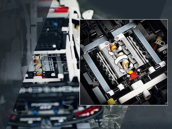 Porsche 911 RSR Lego branco (1580 peças) (1580 peças) com motor boxer de 6 cilindros e portas - Escala 1:10 - 1580 peças