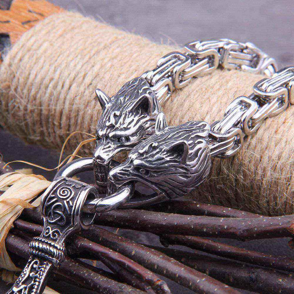 NordyckoTM |. Colar de cabeça de lobo estilo viking nórdico com martelo