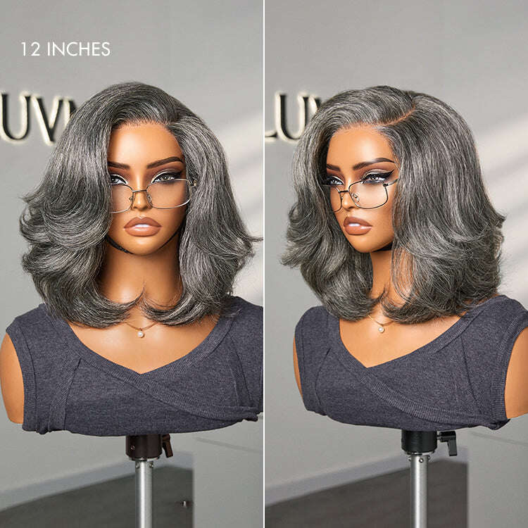 Boss Vibe Salt & Pepper Layered Bob / Body Wave Glueless Pre-Cut Minimalist Lace Grey Wig