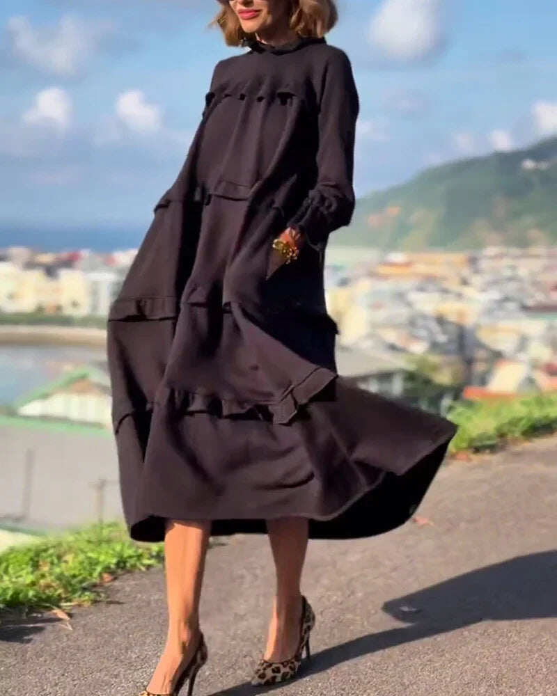 Vestido de manga comprida com folhos monocromáticos