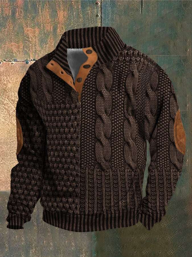 Moletom casual masculino com estampa retrô e botão de gola alta