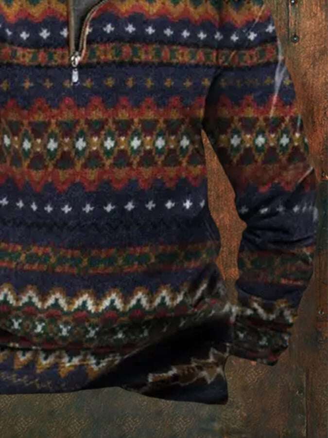 Moletom masculino com zíper e estampa vintage ocidental de pelúcia com gola alta