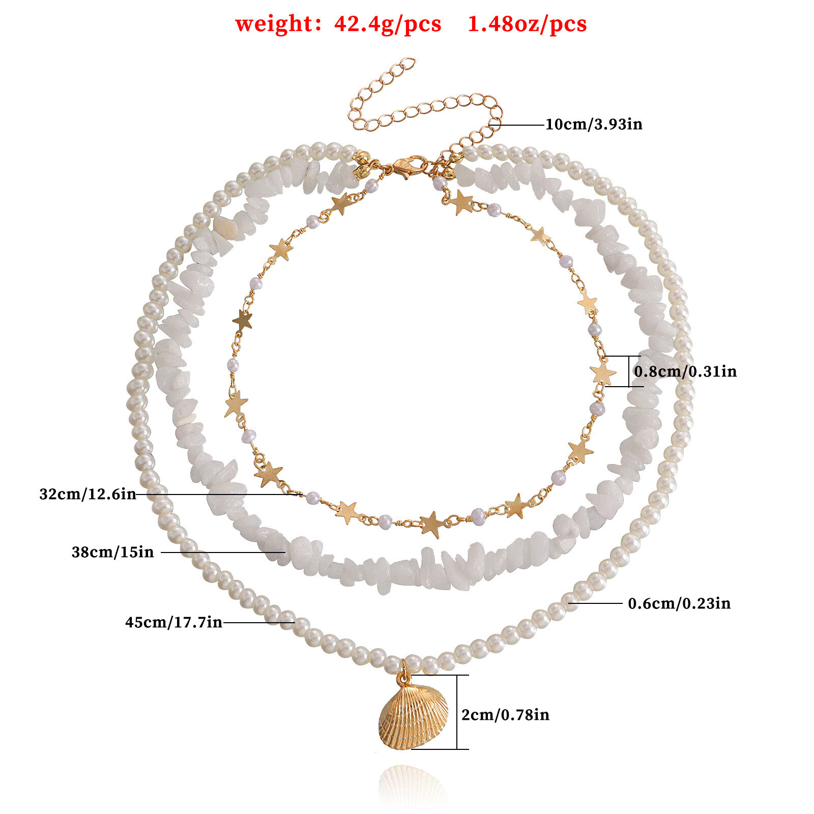 Colar de pingente de vieira de estrela de cinco pontas branco pérola de três camadas para mulheres colar de estilo de luxo leve