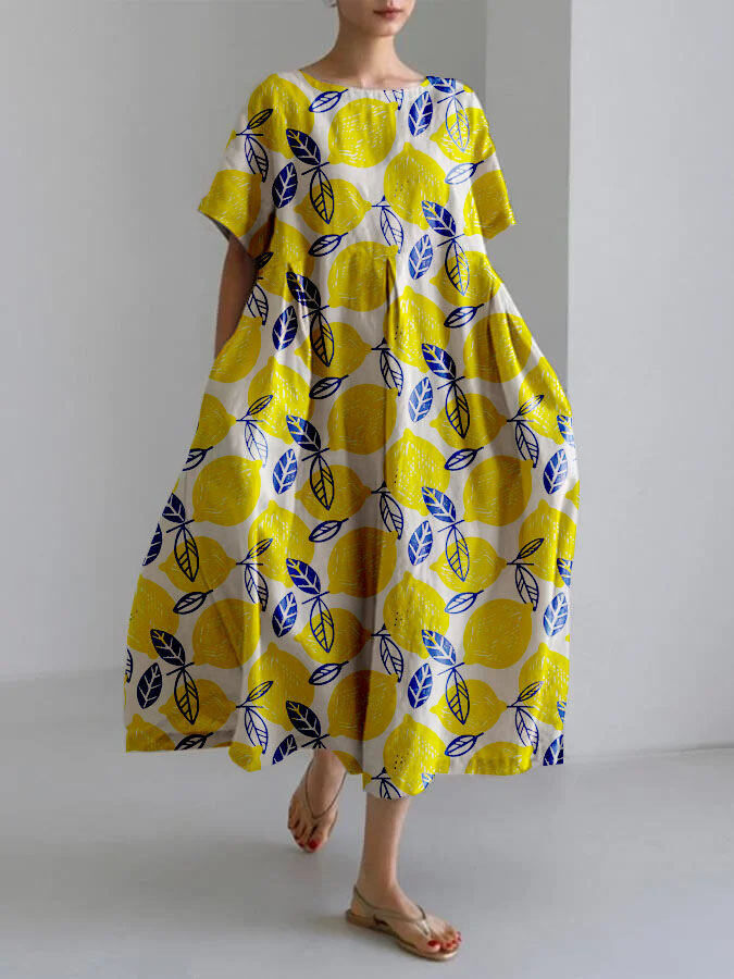 Vestido feminino de manga curta feito à mão em algodão e linho